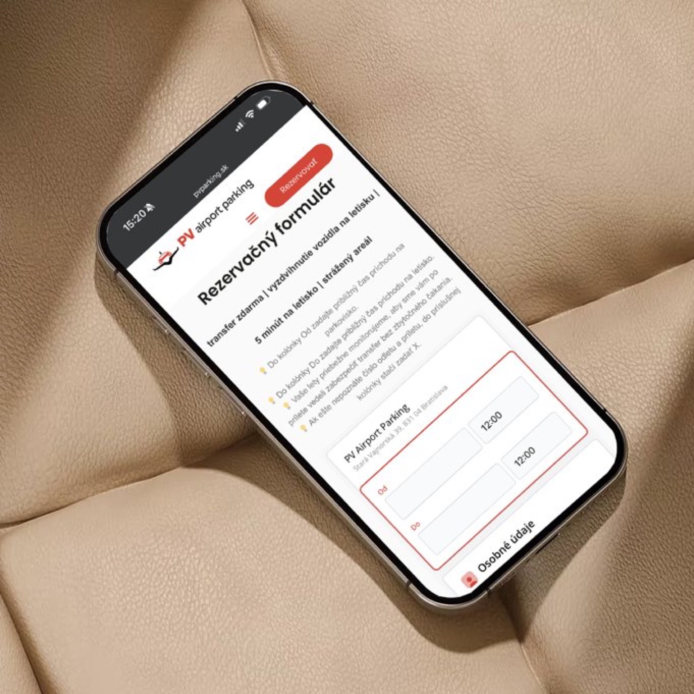 Mobile phone showing the PV airport parking booking form